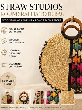 Straw Studios Round Raffia Tote Bag Wooden Ring Handles Boho Beach Resort